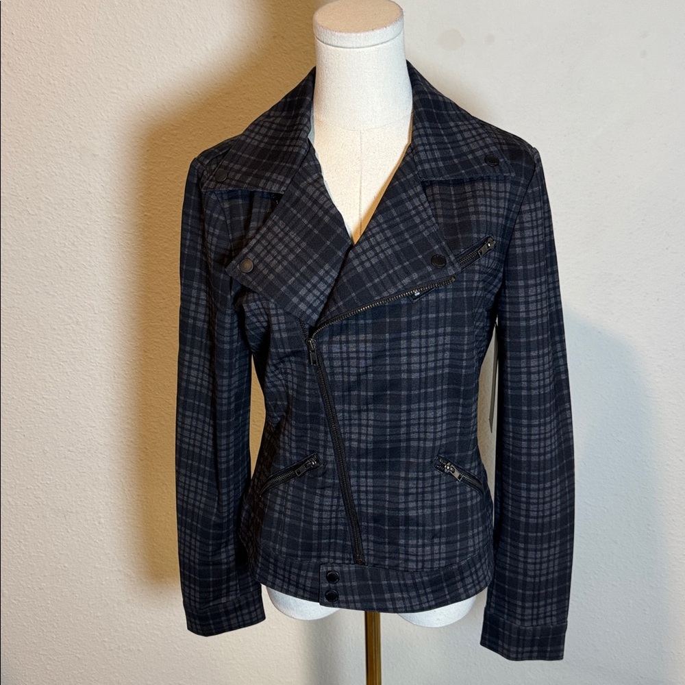 Liverpool Plaid Asymmetrical Zip Jacket in Black and Gray
